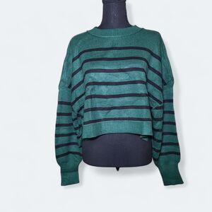 NWT Merokeety Womens Long Sleeve Crew Neck Green Striped Crop Sweater Size Large